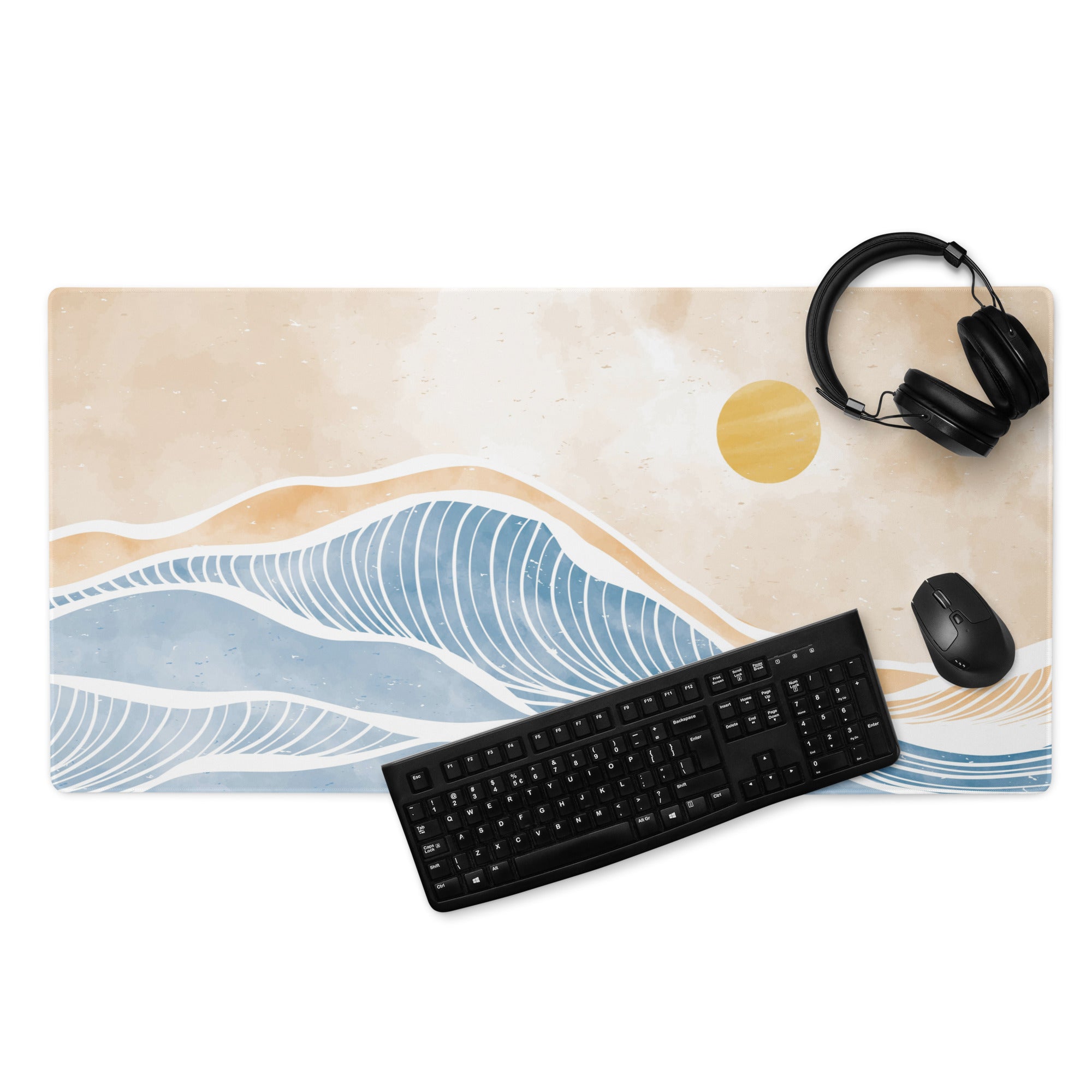 Boho Ocean Wave Mouse Pad Large 36x18 Beige Blue Orange Non Slip Edge Stitched Desk Pad
