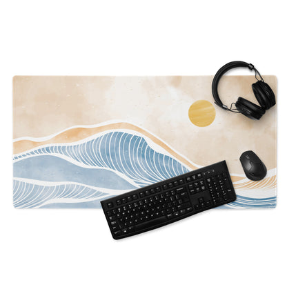 Boho Ocean Wave Mouse Pad Large 36x18 Beige Blue Orange Non Slip Edge Stitched Desk Pad