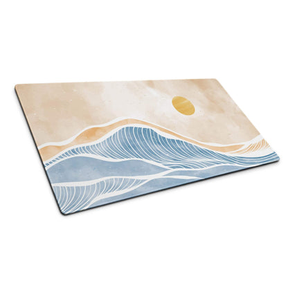 Boho Ocean Wave Mouse Pad Large 36x18 Beige Blue Orange Non Slip Edge Stitched Desk Pad