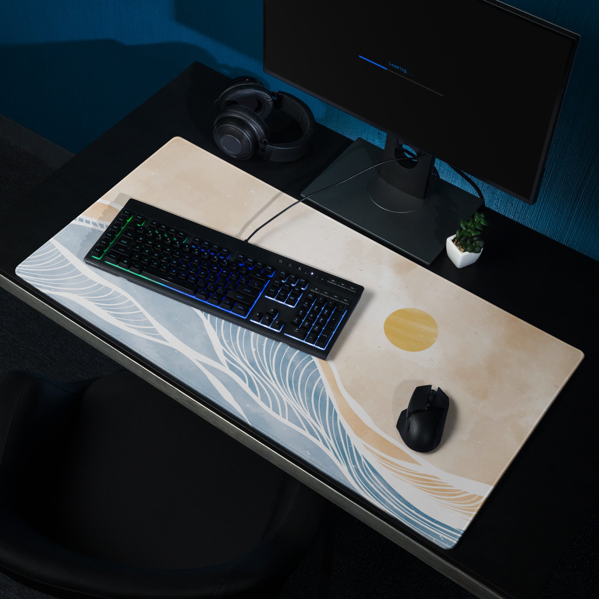Boho Ocean Wave Mouse Pad Large 36x18 Beige Blue Orange Non Slip Edge Stitched Desk Pad