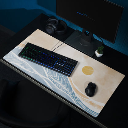 Boho Ocean Wave Mouse Pad Large 36x18 Beige Blue Orange Non Slip Edge Stitched Desk Pad