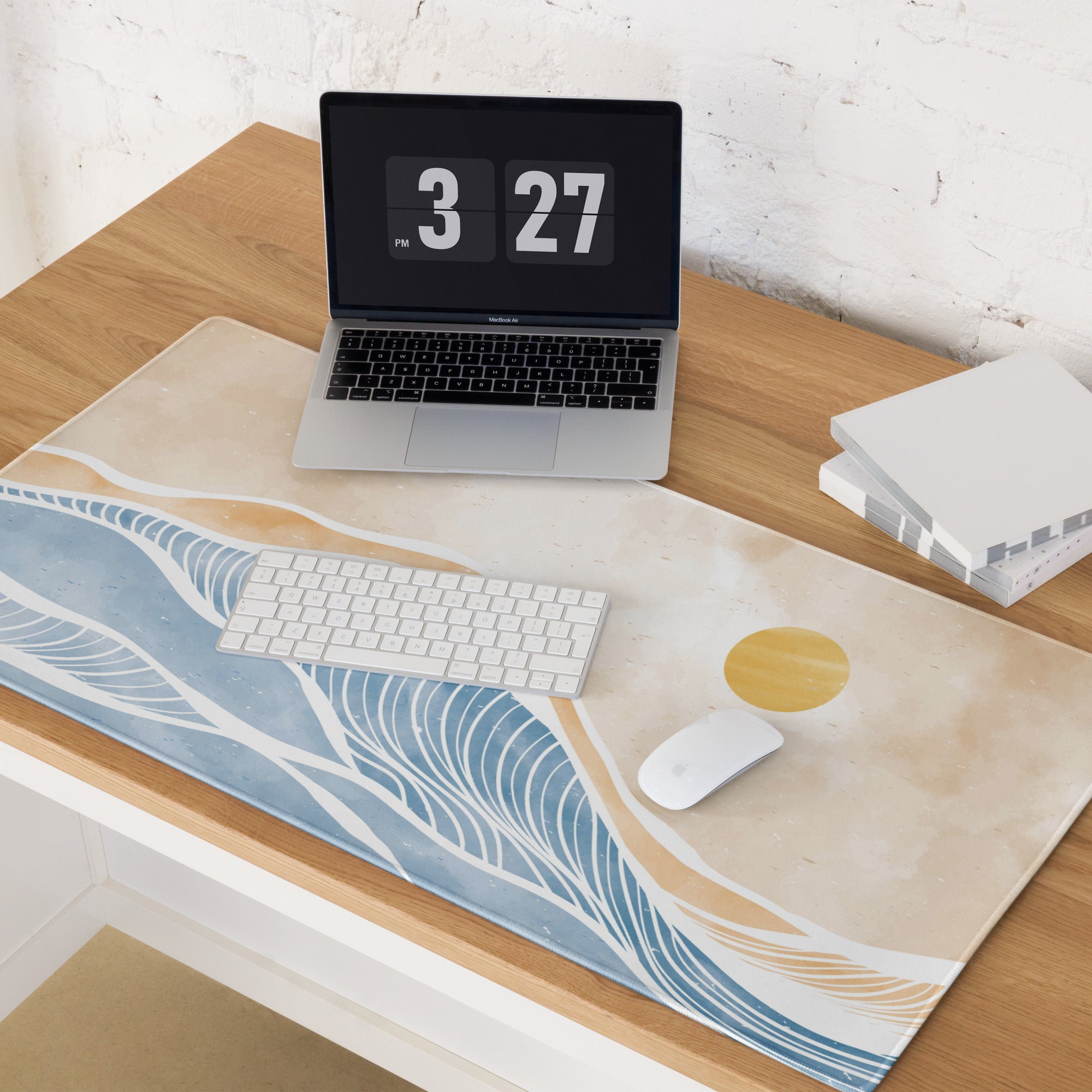 Boho Ocean Wave Mouse Pad Large 36x18 Beige Blue Orange Non Slip Edge Stitched Desk Pad