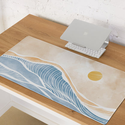 Boho Ocean Wave Mouse Pad Large 36x18 Beige Blue Orange Non Slip Edge Stitched Desk Pad