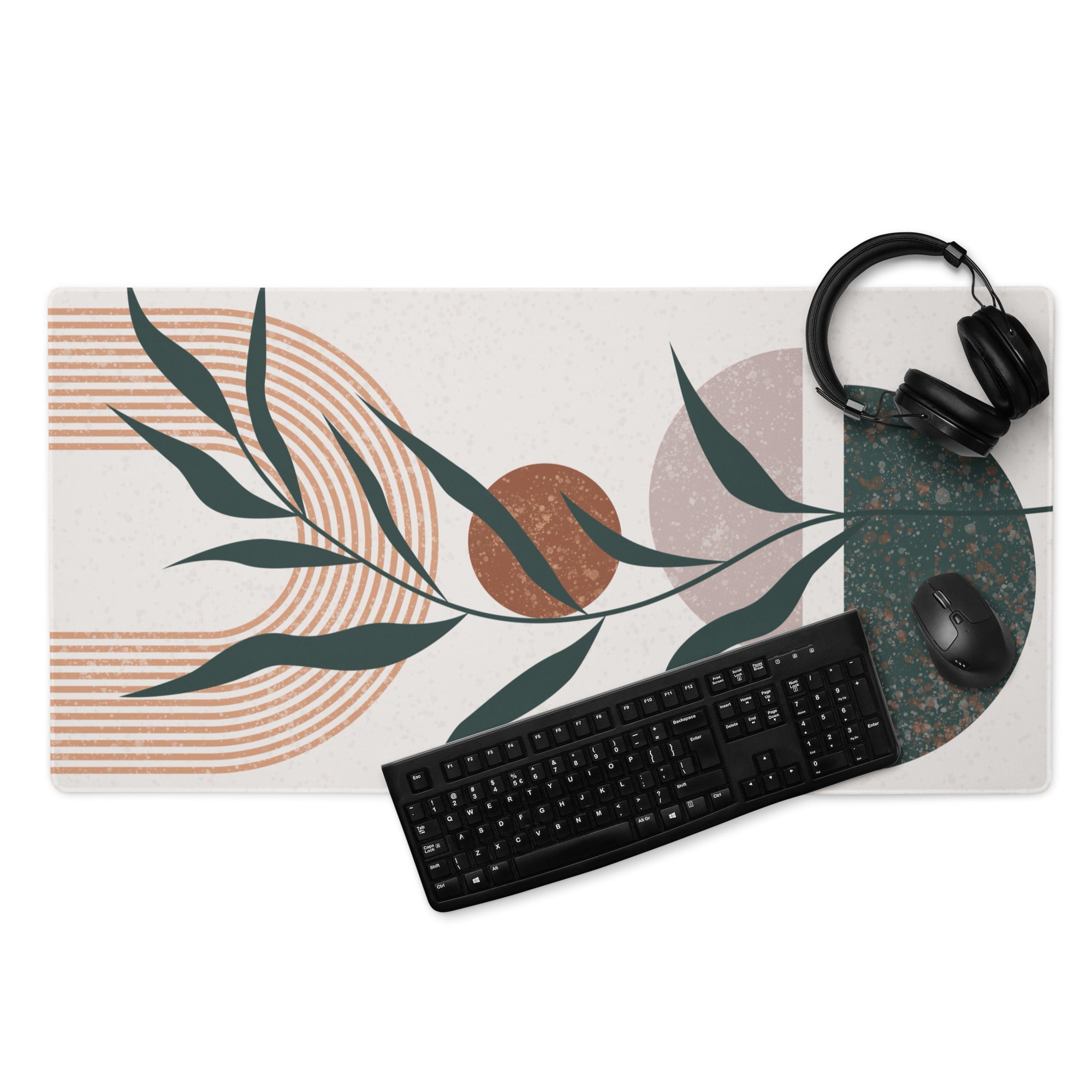Boho Floral Coral Teal Desk Pad - Mouse Pad Coral Teal Beige Desk Boho Calm Mood Eclectic Decor Large 36 Inch Print