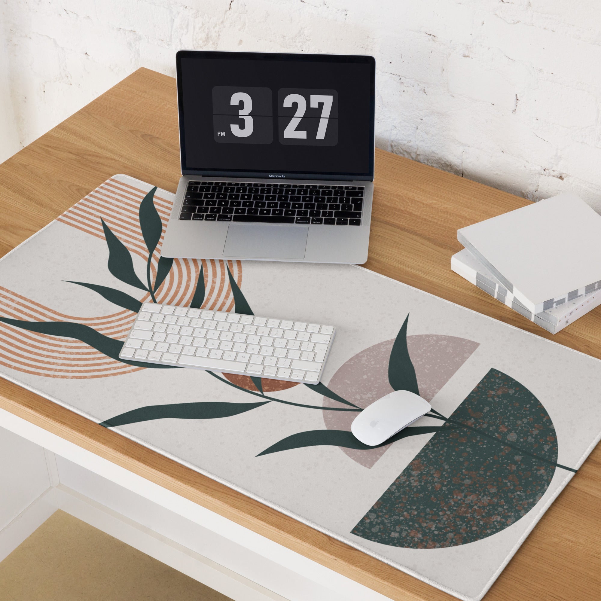 Boho Floral Coral Teal Desk Pad - Mouse Pad Coral Teal Beige Desk Boho Calm Mood Eclectic Decor Large 36 Inch Print