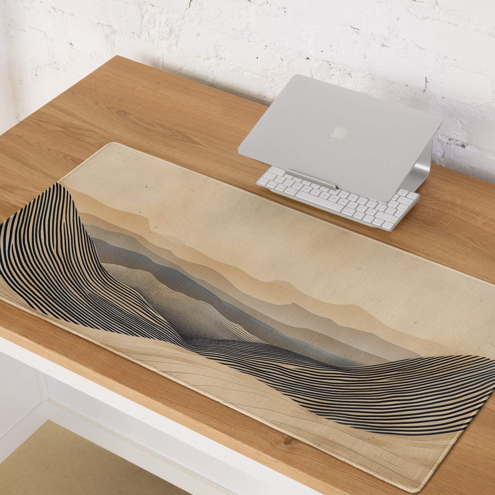 Beige and black abstract wave-patterned rectangular desk mat for warm boho desert decor workspace protection