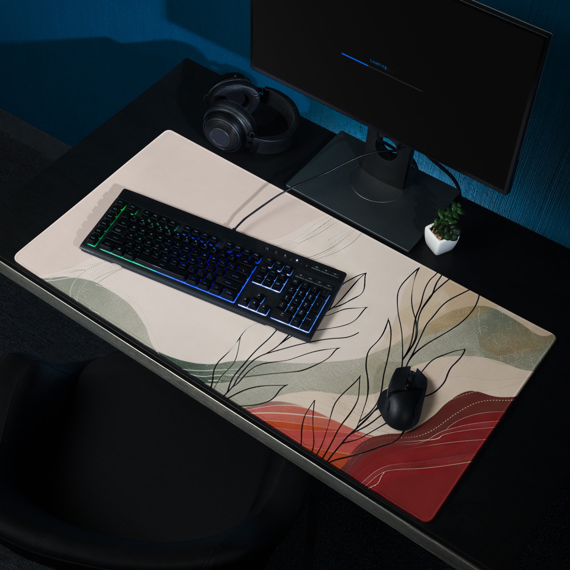 Boho Beige Green Red Abstract Floral Mouse Pad For Desk Non Slip Surface Modern Minimalist Gaming Setup