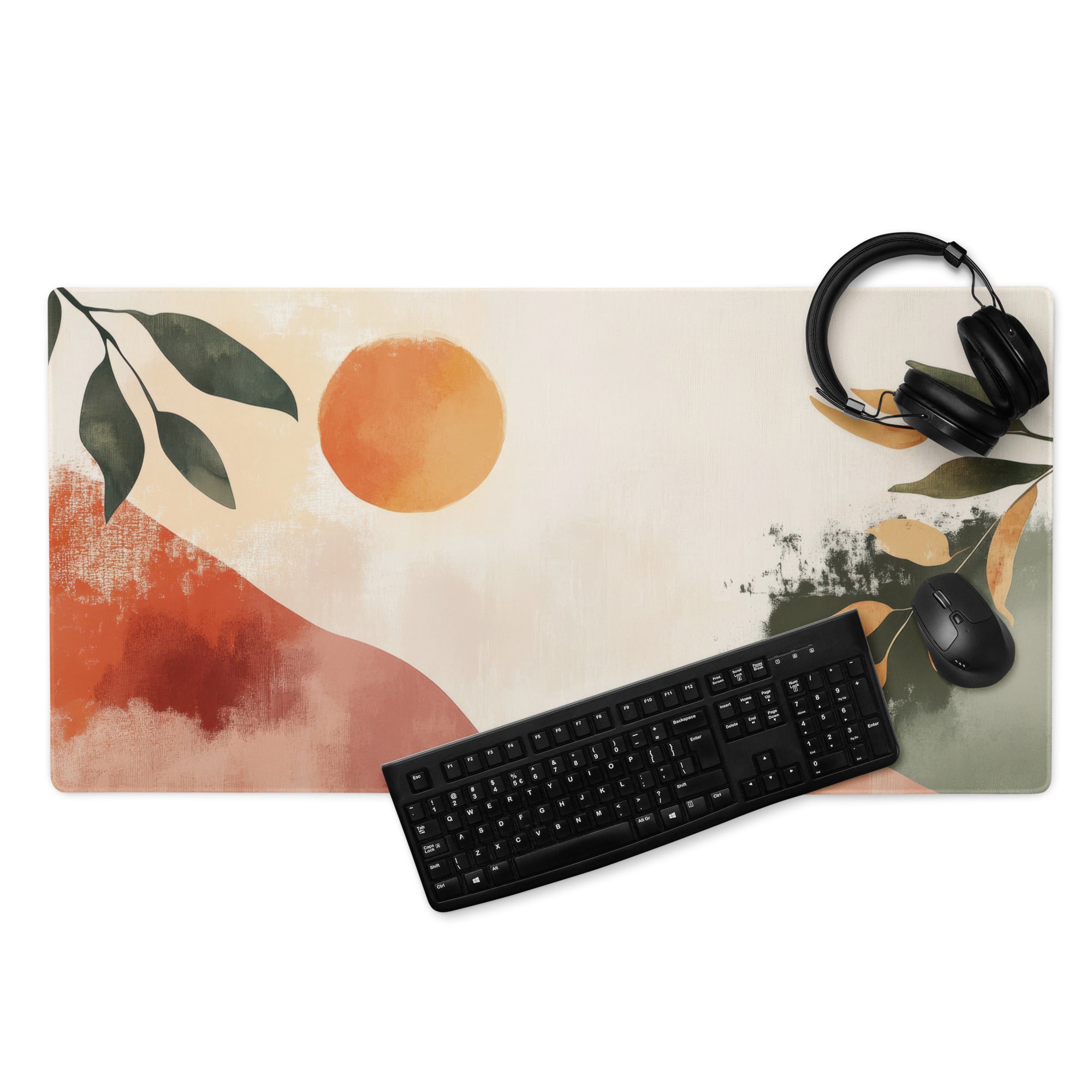 Boho Abstract Botanical Sun Watercolor Mouse Pad With Peach Orange And Green Tones For Modern Desk