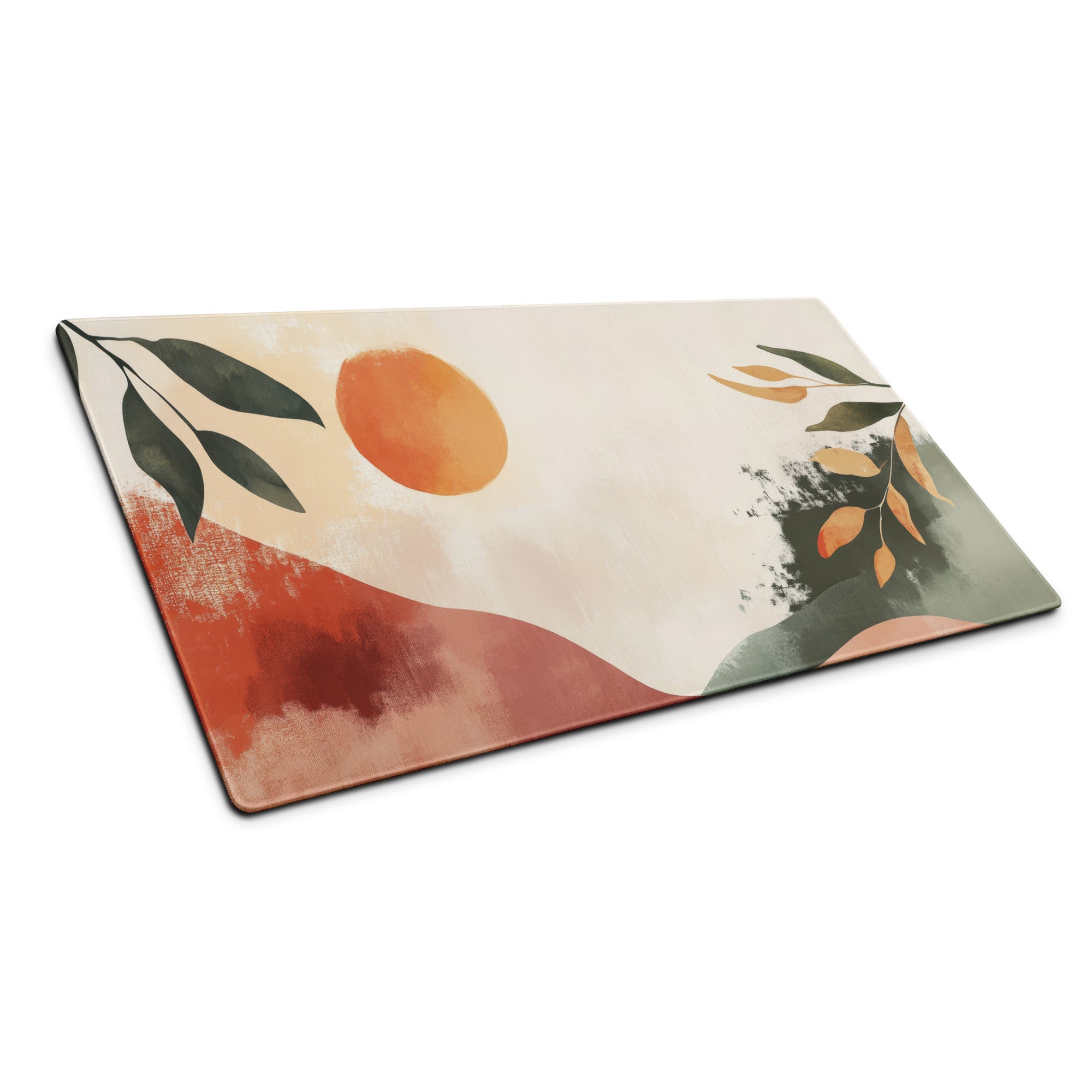 Boho Abstract Botanical Sun Watercolor Mouse Pad With Peach Orange And Green Tones For Modern Desk