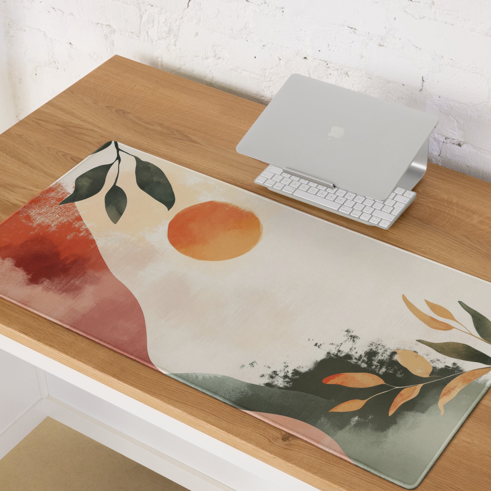 Boho Abstract Botanical Sun Watercolor Mouse Pad With Peach Orange And Green Tones For Modern Desk