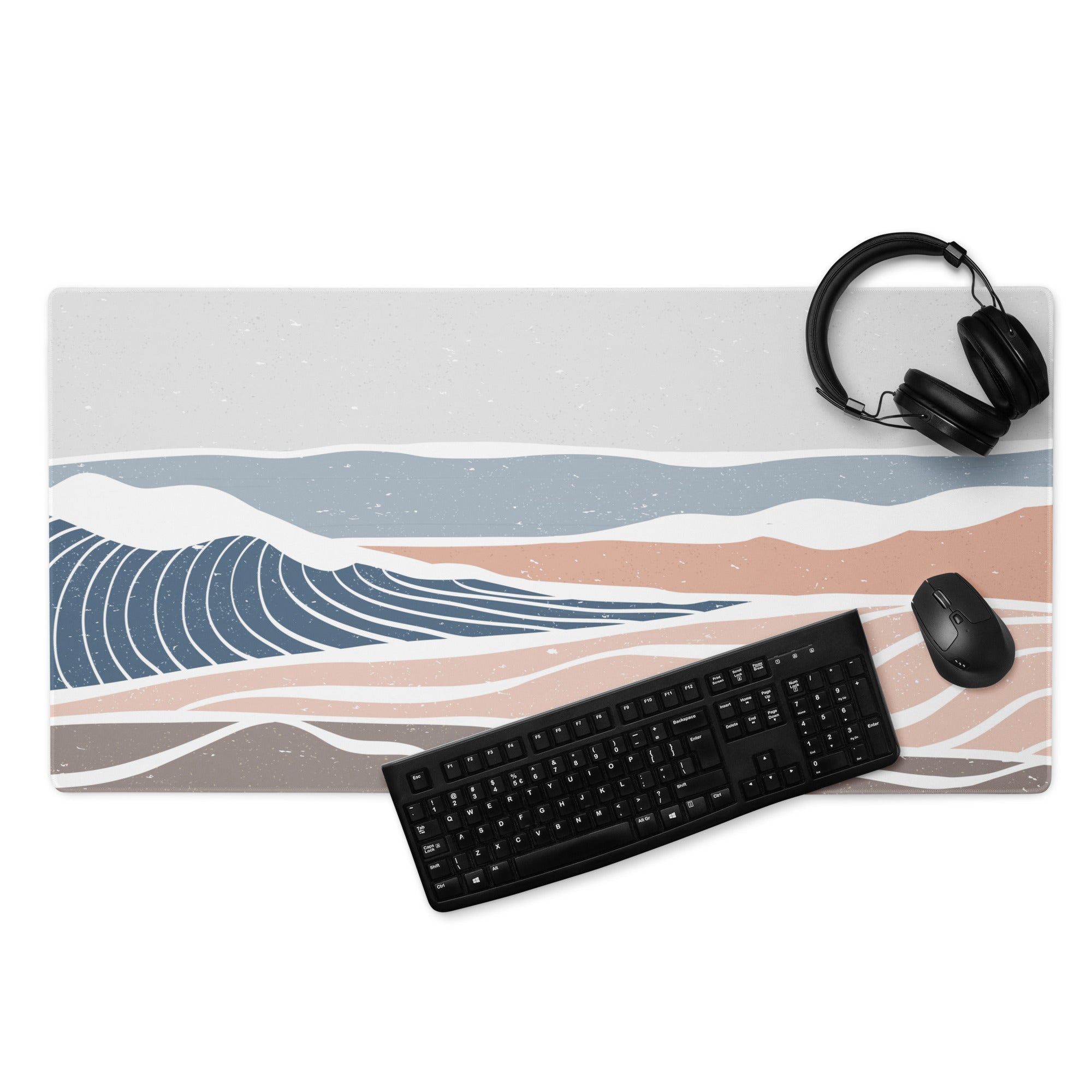 Boho Ocean Wave Mouse Pad Gray Blue Peach Tones For Gaming Desk Non Slip Edge Stitching