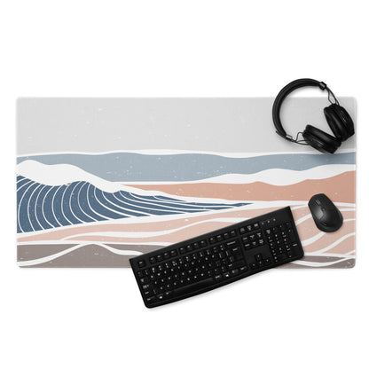 Boho Ocean Wave Mouse Pad Gray Blue Peach Tones For Gaming Desk Non Slip Edge Stitching