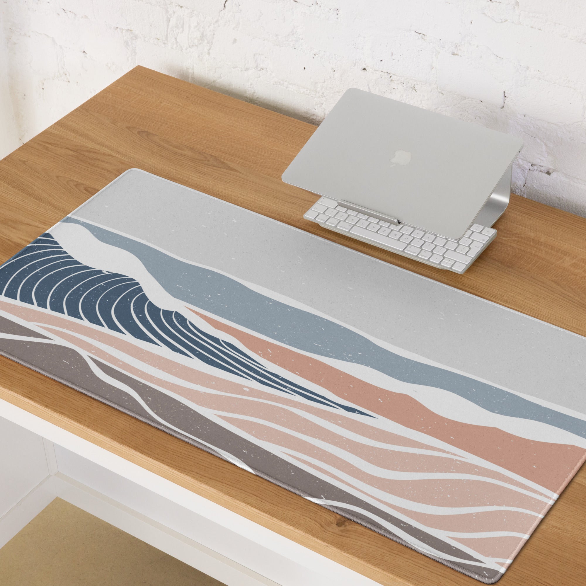 Boho Ocean Wave Mouse Pad Gray Blue Peach Tones For Gaming Desk Non Slip Edge Stitching