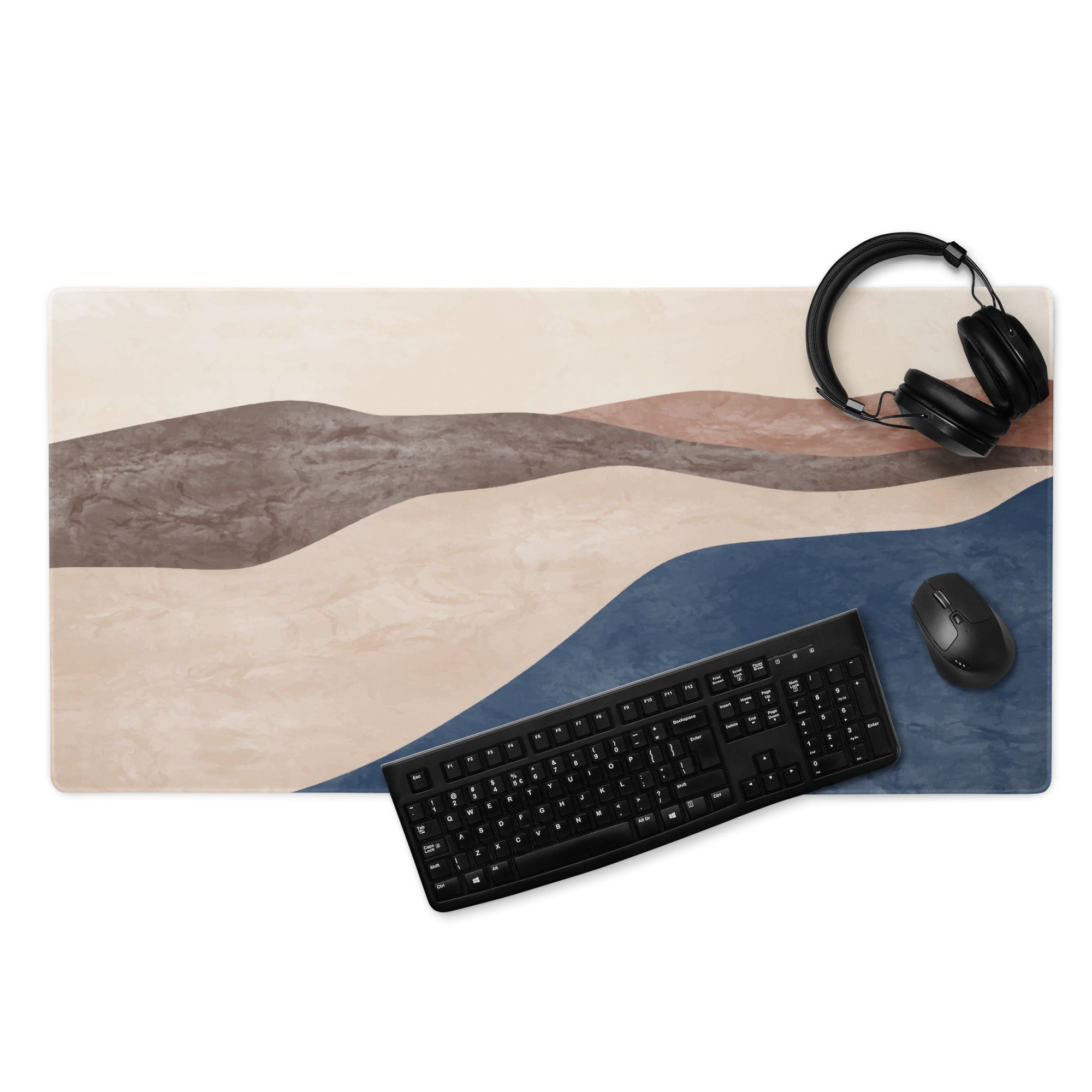 Boho Landscape Desk Pad - Landscape Desk Pad Beige Brown Navy Calm Mood Boho Desk Decor Printed Fabric 36x18 Non Slip