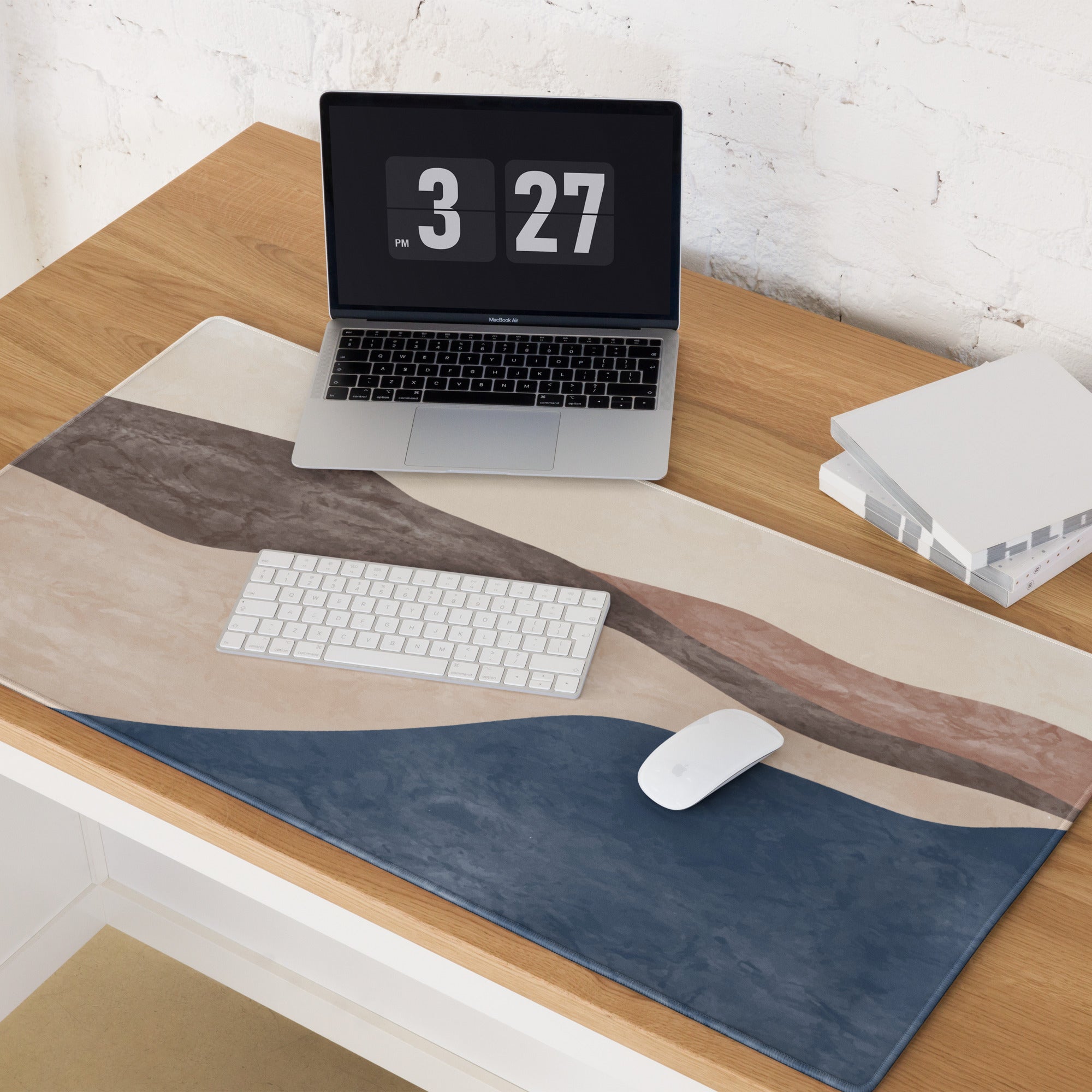 Boho Landscape Desk Pad - Landscape Desk Pad Beige Brown Navy Calm Mood Boho Desk Decor Printed Fabric 36x18 Non Slip