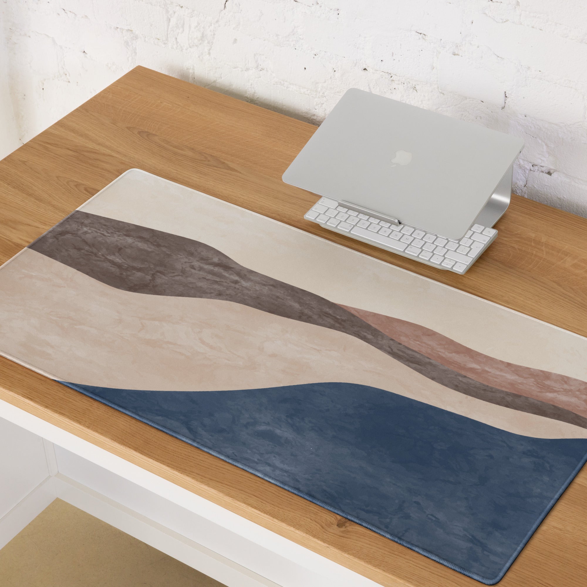 Boho Landscape Desk Pad - Landscape Desk Pad Beige Brown Navy Calm Mood Boho Desk Decor Printed Fabric 36x18 Non Slip