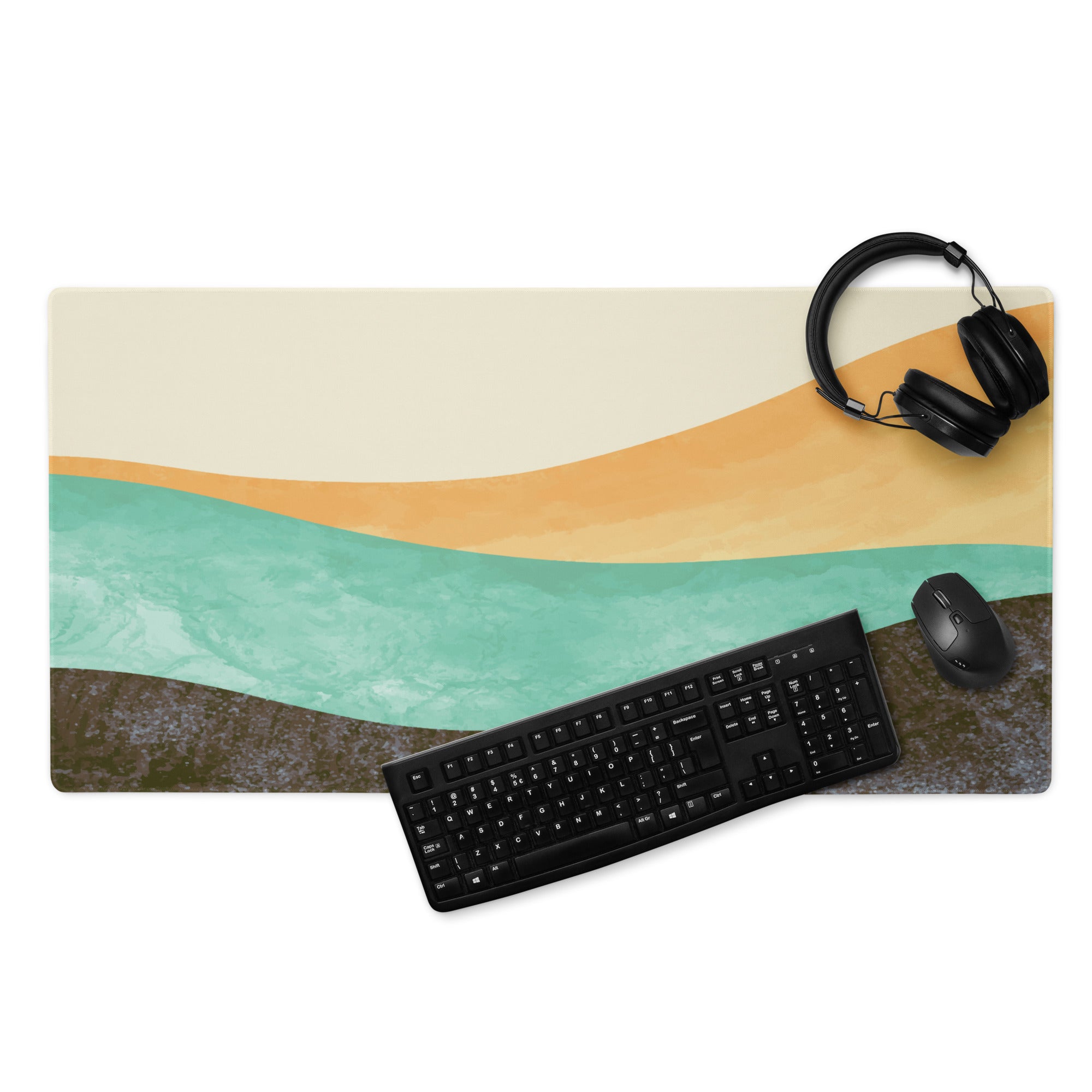 Boho Wave Design Large Mouse Pad Teal Orange Beige Non Slip Edge Stitching Desk Mat For Home Office And Gaming