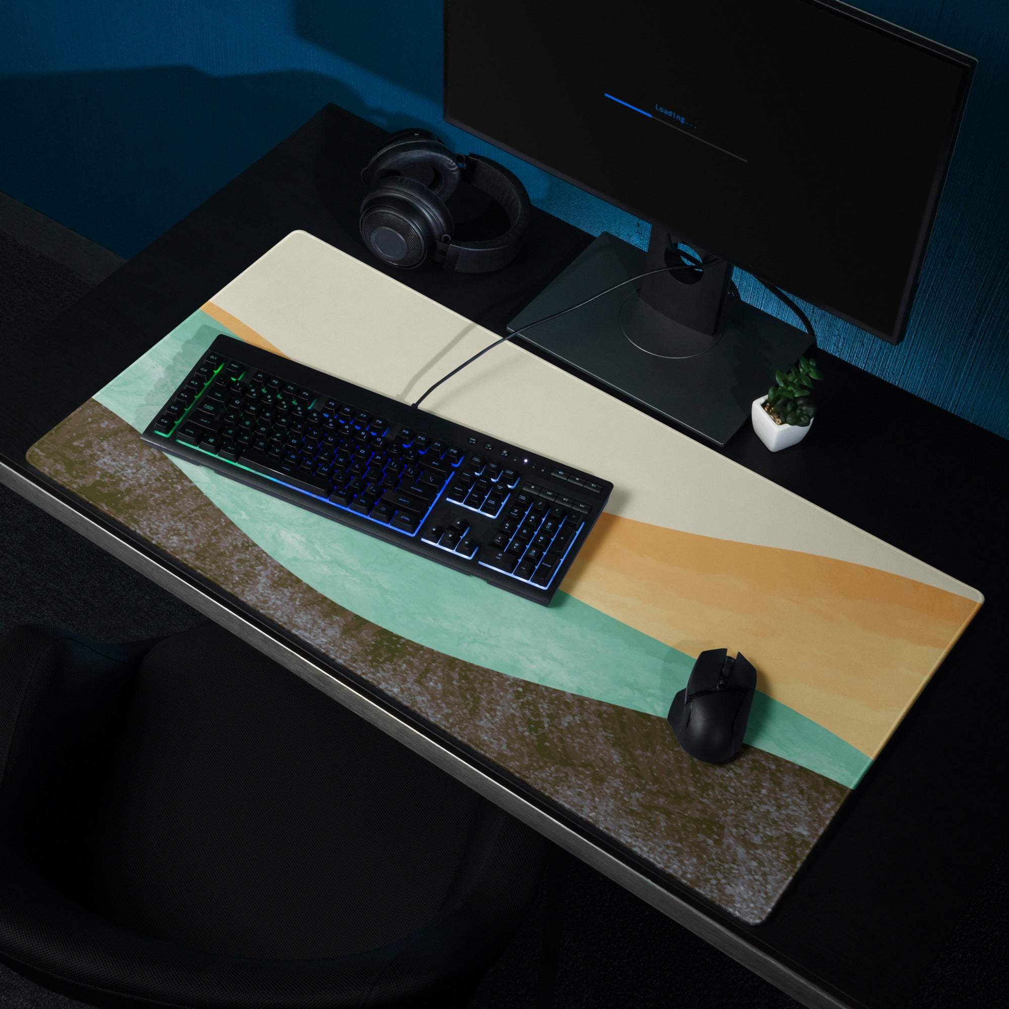 Boho Wave Design Large Mouse Pad Teal Orange Beige Non Slip Edge Stitching Desk Mat For Home Office And Gaming