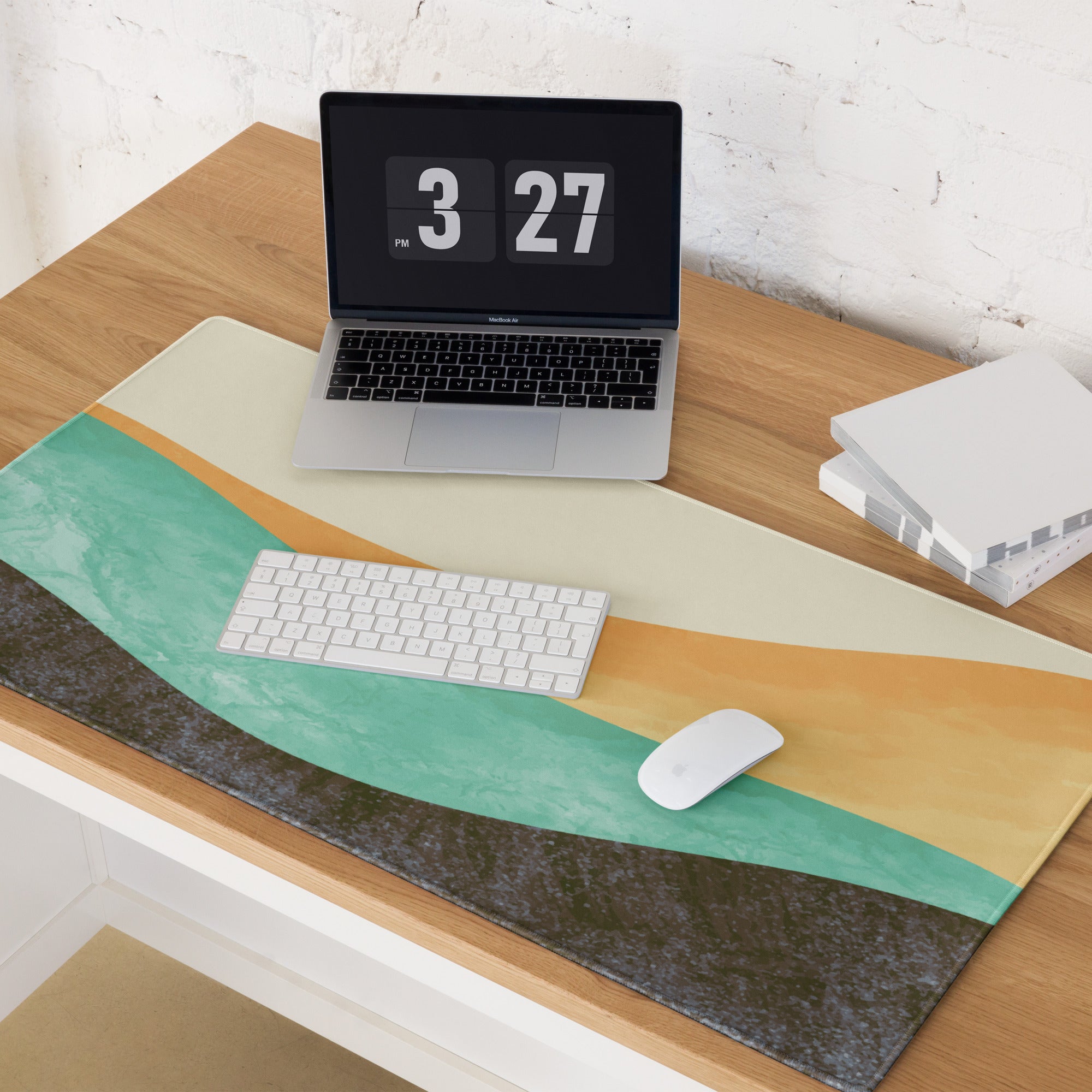 Boho Wave Design Large Mouse Pad Teal Orange Beige Non Slip Edge Stitching Desk Mat For Home Office And Gaming