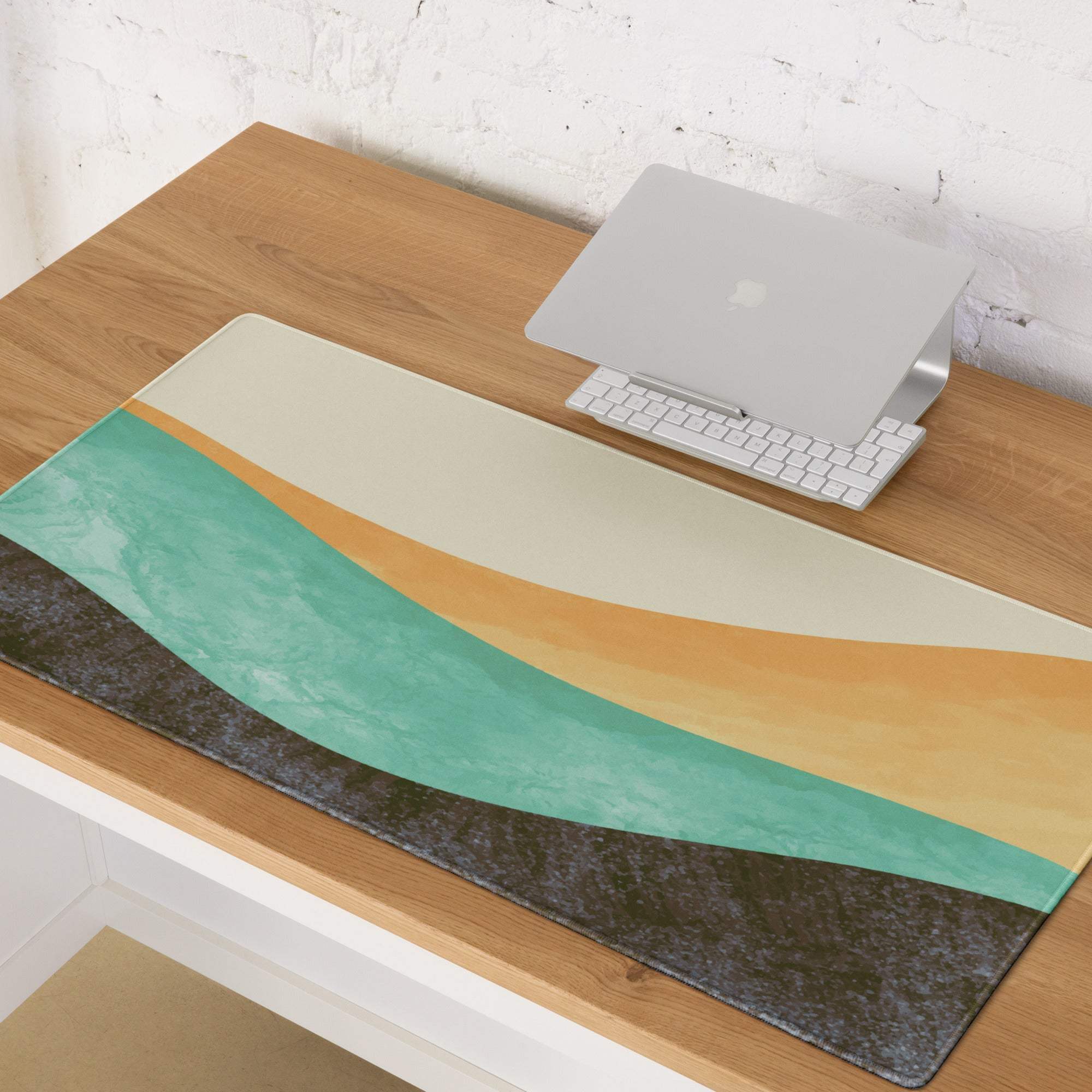 Boho Wave Design Large Mouse Pad Teal Orange Beige Non Slip Edge Stitching Desk Mat For Home Office And Gaming