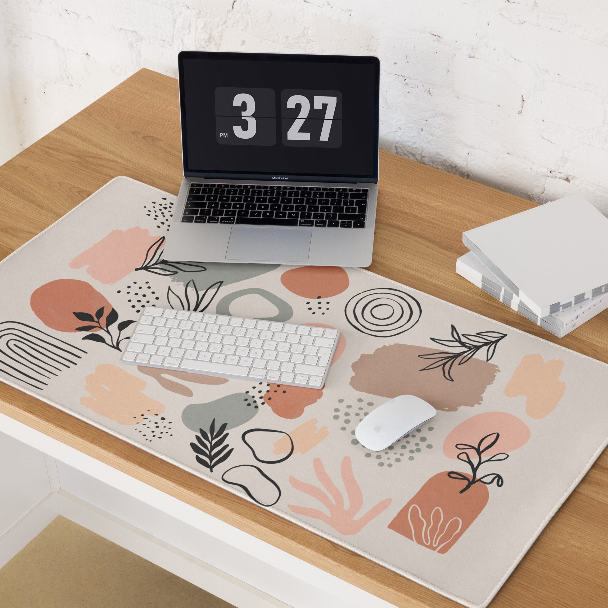 Boho Botanical Pastel Mouse Pad Abstract Art For Home Office Beige Pink Peach Gray Large Non Slip Desk MatEdgeStitching