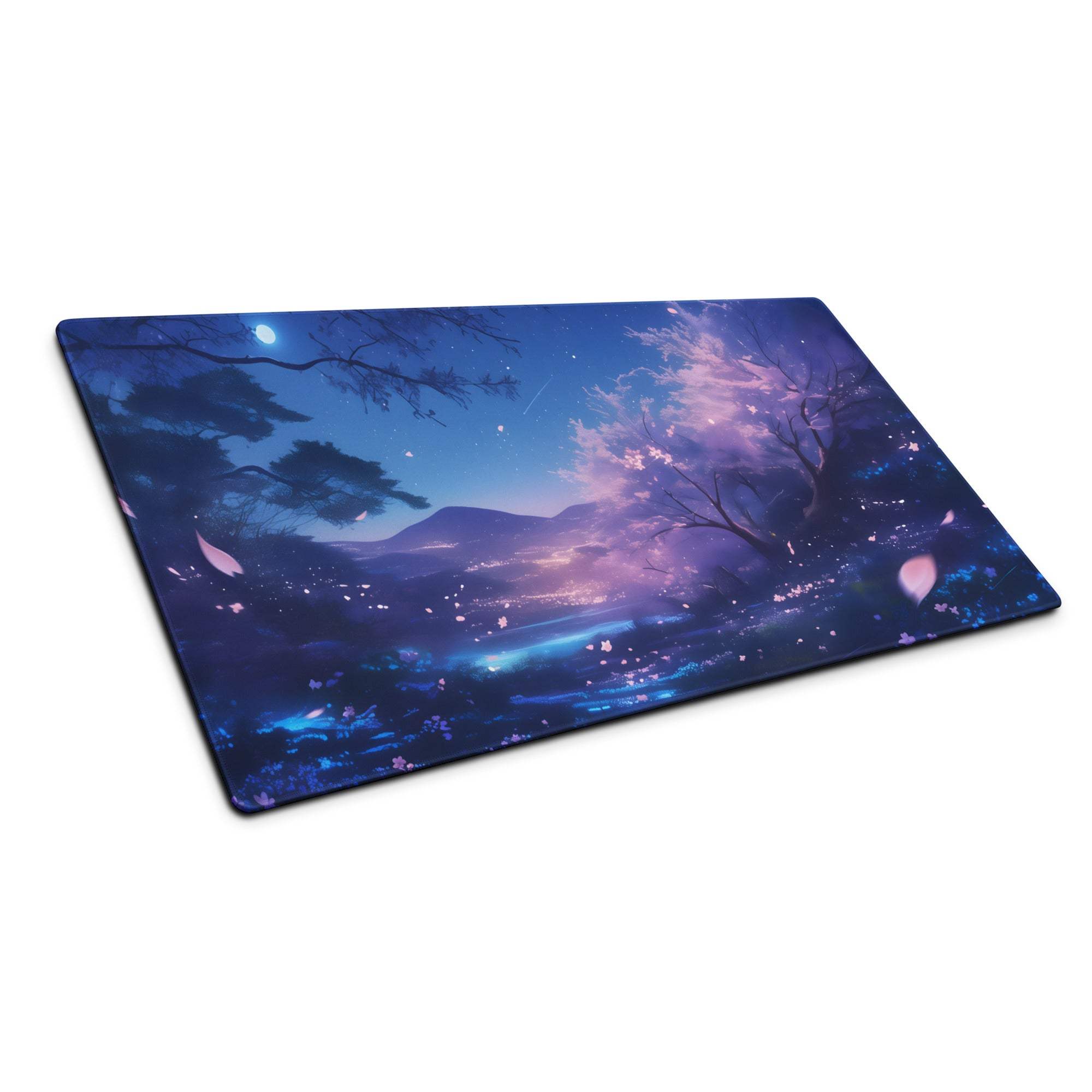 Cherry Blossom Night Sky Mouse Pad Blue Purple For Gaming Desk Digital Art Non Slip Large