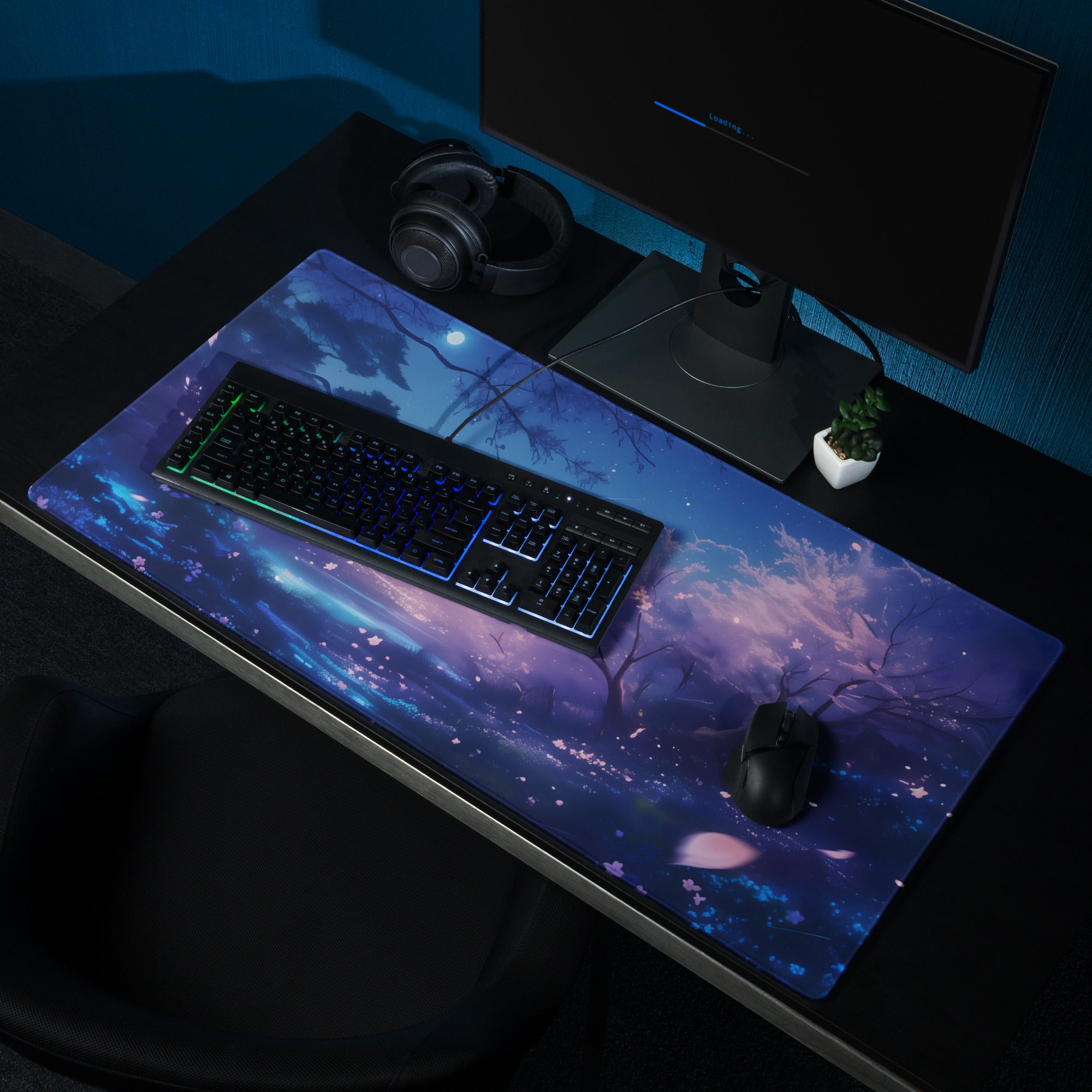 Cherry Blossom Night Sky Mouse Pad Blue Purple For Gaming Desk Digital Art Non Slip Large