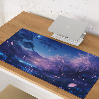 Cherry Blossom Night Sky Mouse Pad Blue Purple For Gaming Desk Digital Art Non Slip Large