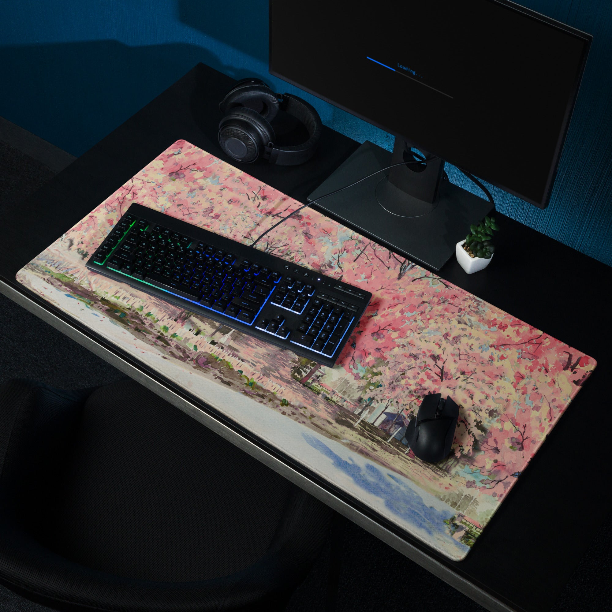 Cherry Blossom Pink Mouse Pad For Desk Setup Large Non Slip Watercolor Style For Home Office