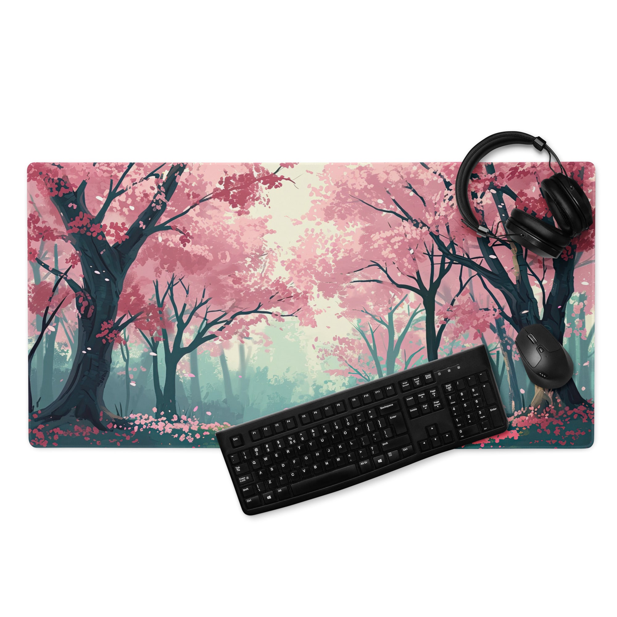 Cherry Blossom Mouse Pad Pink Teal Dreamlike Desk Mat Gaming PC Dreamy Mood Modern Decor Non Slip Edge Stitching