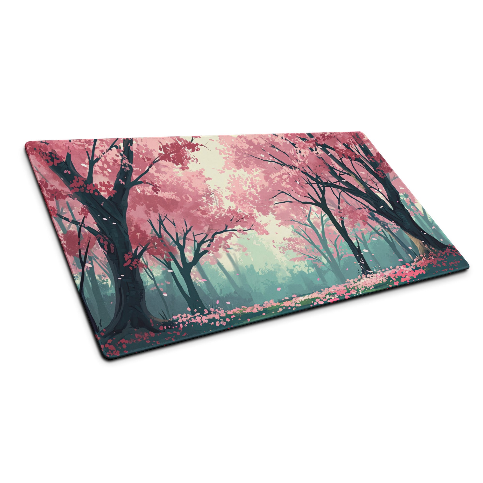 Cherry Blossom Mouse Pad Pink Teal Dreamlike Desk Mat Gaming PC Dreamy Mood Modern Decor Non Slip Edge Stitching
