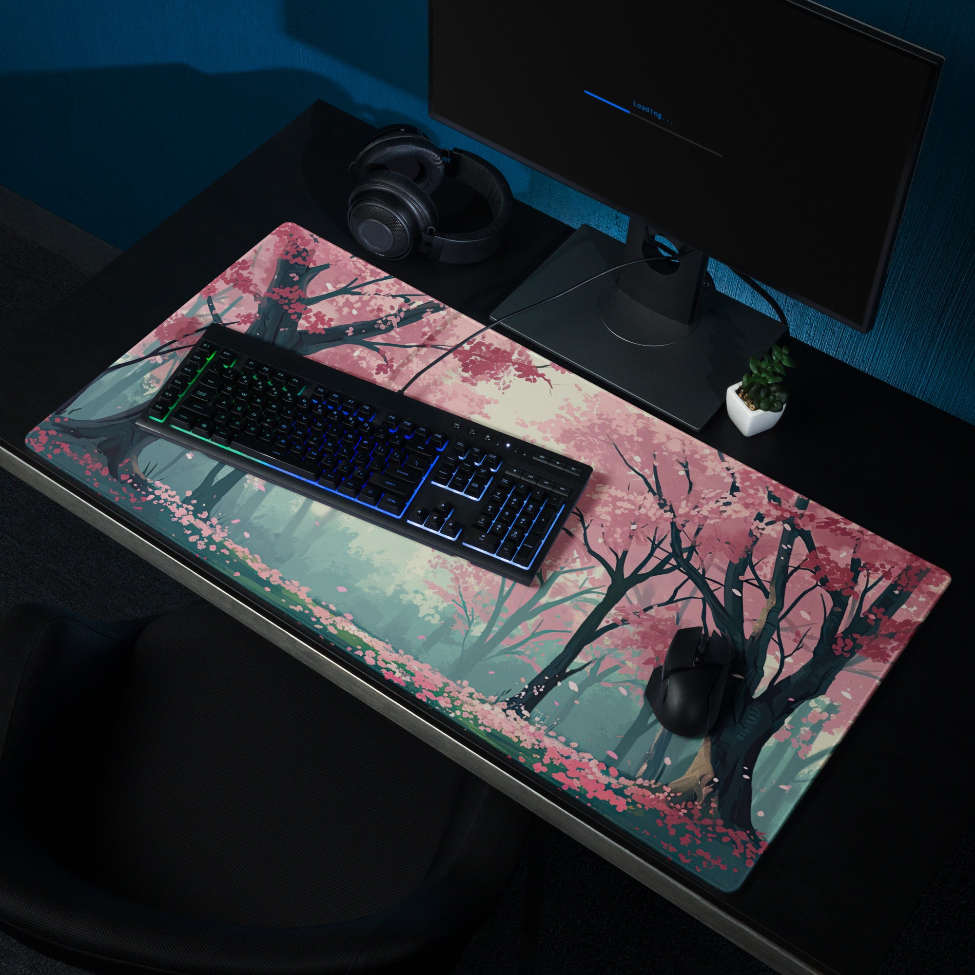 Cherry Blossom Mouse Pad Pink Teal Dreamlike Desk Mat Gaming PC Dreamy Mood Modern Decor Non Slip Edge Stitching