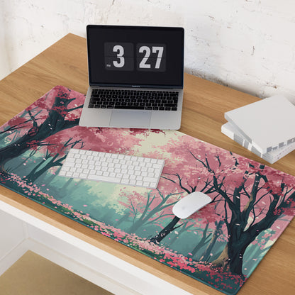 Cherry Blossom Mouse Pad Pink Teal Dreamlike Desk Mat Gaming PC Dreamy Mood Modern Decor Non Slip Edge Stitching