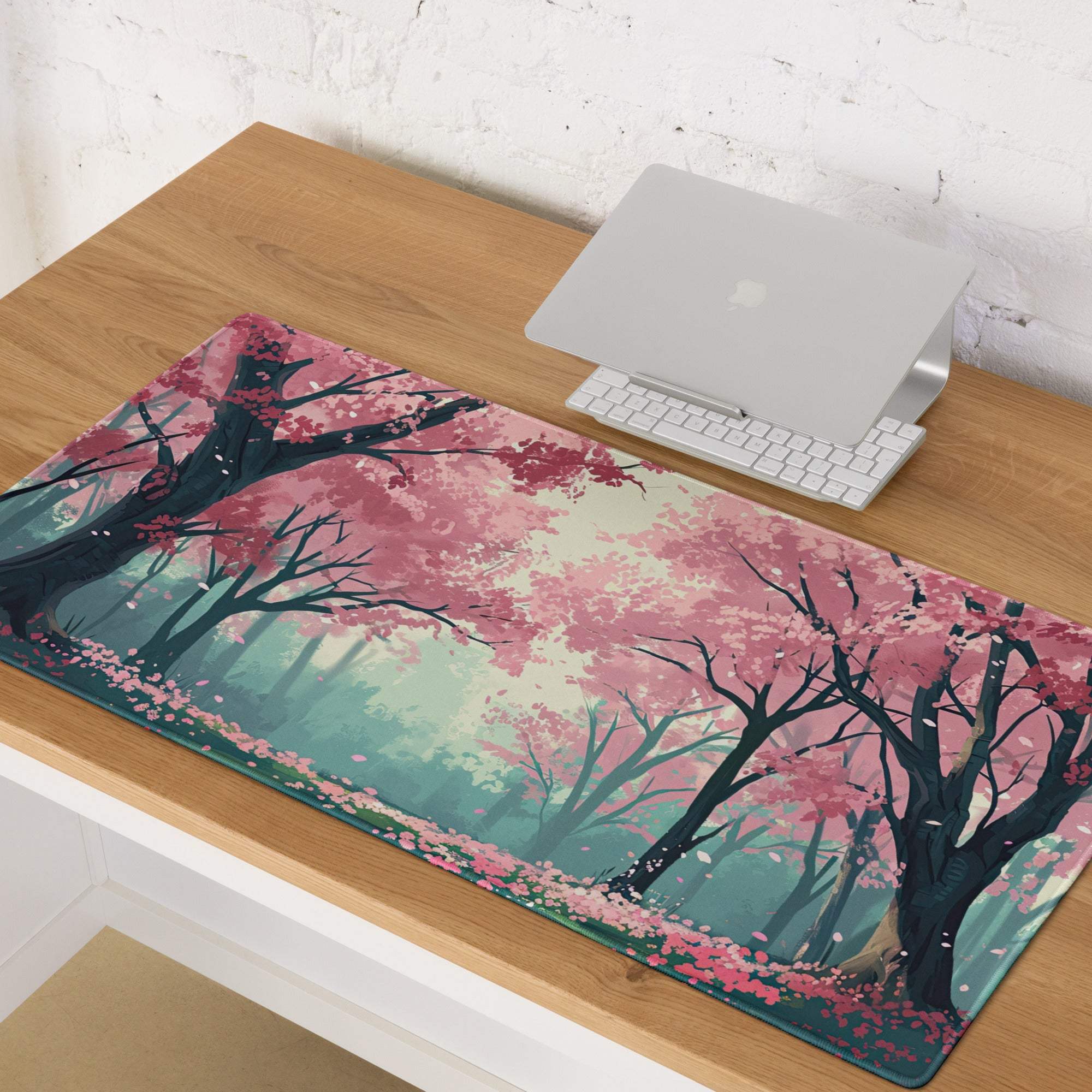 Cherry Blossom Mouse Pad Pink Teal Dreamlike Desk Mat Gaming PC Dreamy Mood Modern Decor Non Slip Edge Stitching