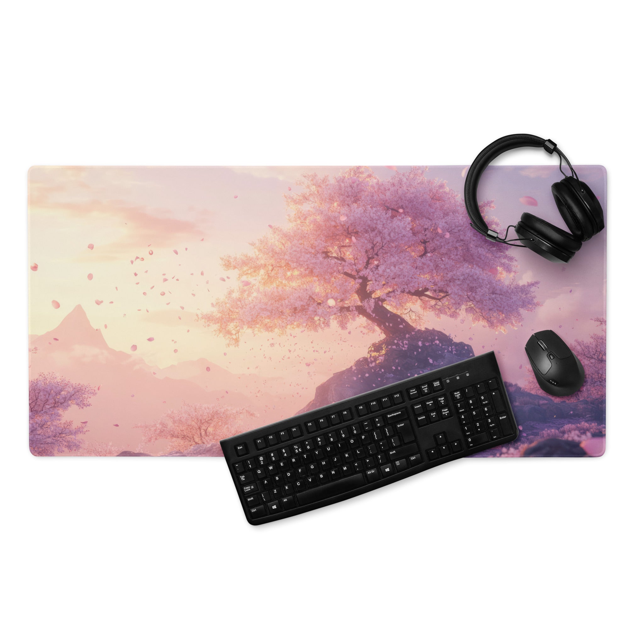 Cherry Blossom Pink Lavender Gaming Mouse Pad For Desktop Setup In Pastel Modern Style With Non Slip Base