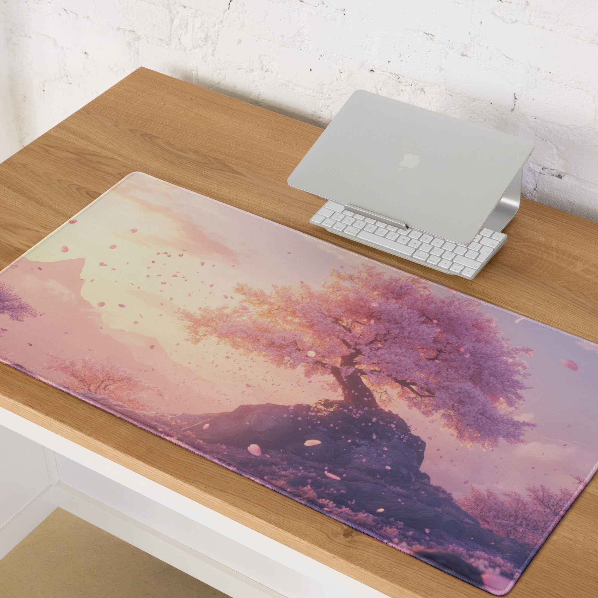 Cherry Blossom Pink Lavender Gaming Mouse Pad For Desktop Setup In Pastel Modern Style With Non Slip Base