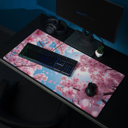 Cherry Blossom Pink Blue Mouse Pad For Gaming And Office Desk Mat Modern Floral Art