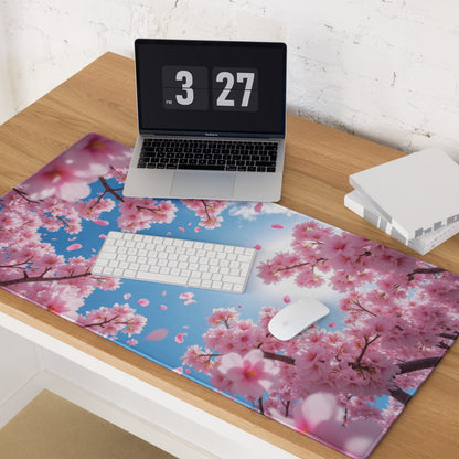 Cherry Blossom Pink Blue Mouse Pad For Gaming And Office Desk Mat Modern Floral Art