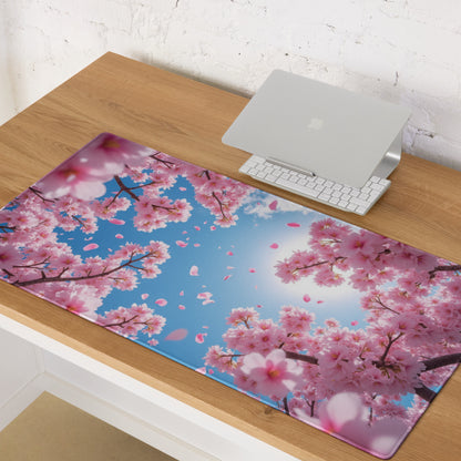 Cherry Blossom Pink Blue Mouse Pad For Gaming And Office Desk Mat Modern Floral Art