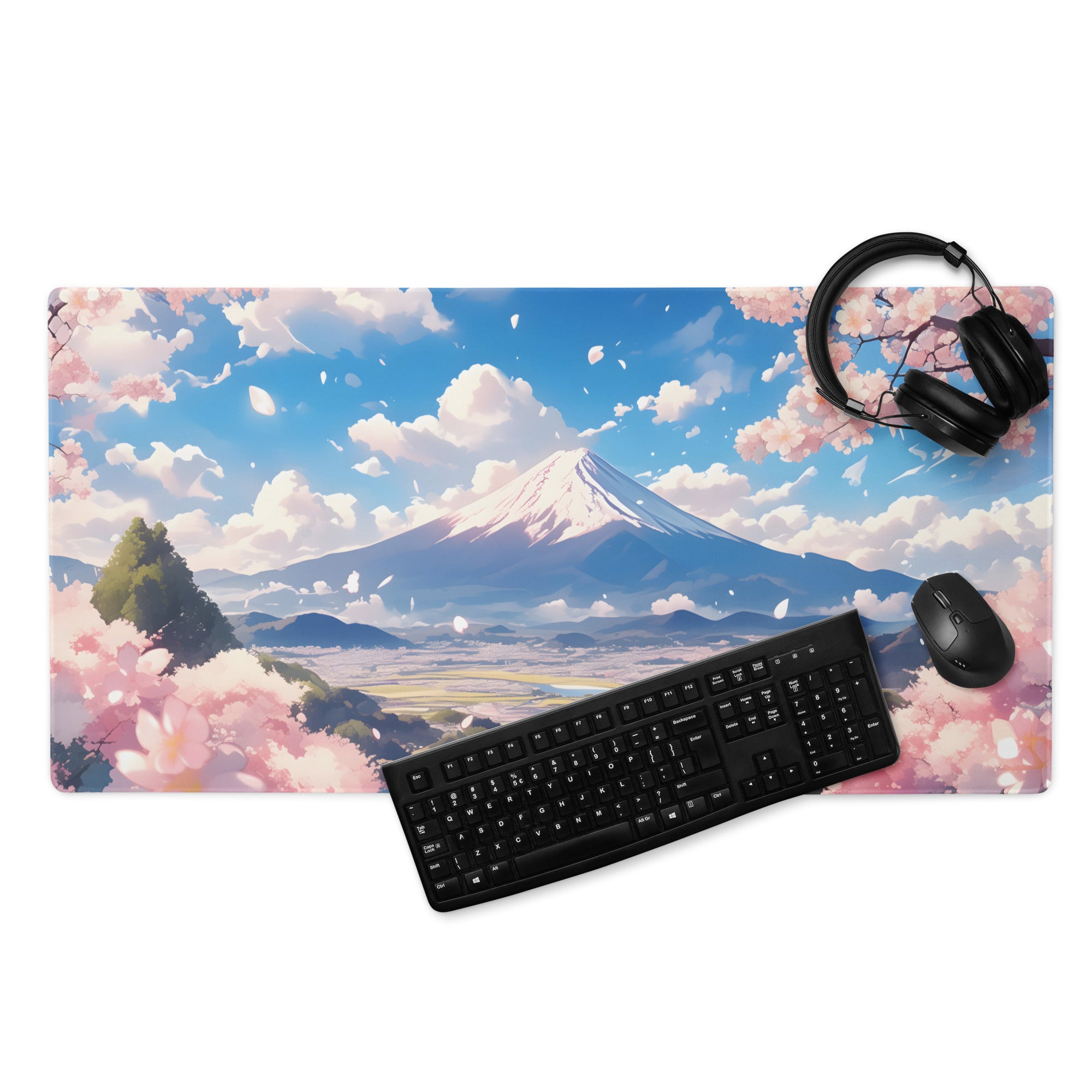 Cherry Blossom Themed Large Gaming Mouse Pad Pastel Pink And Sky Blue For Desk Setup Modern Minimalist