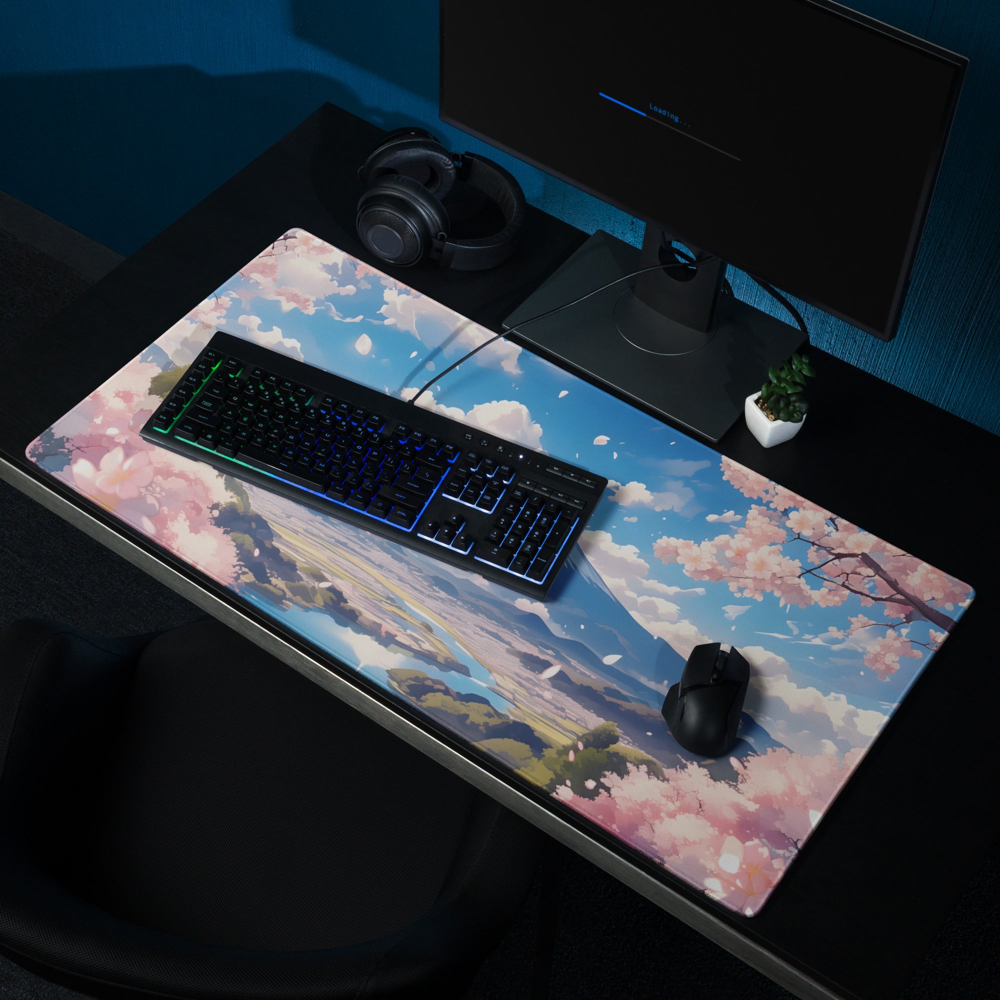 Cherry Blossom Themed Large Gaming Mouse Pad Pastel Pink And Sky Blue For Desk Setup Modern Minimalist