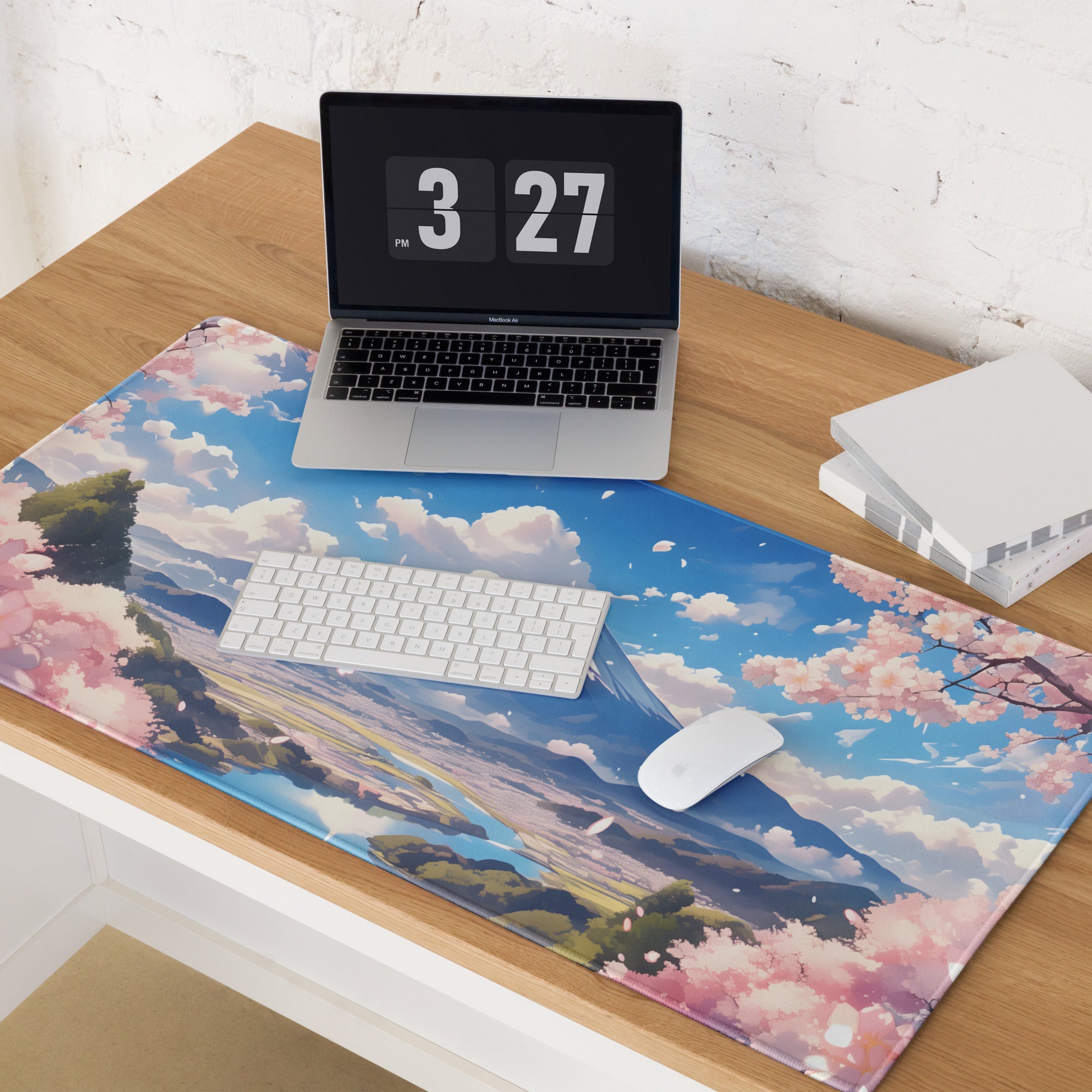 Cherry Blossom Themed Large Gaming Mouse Pad Pastel Pink And Sky Blue For Desk Setup Modern Minimalist