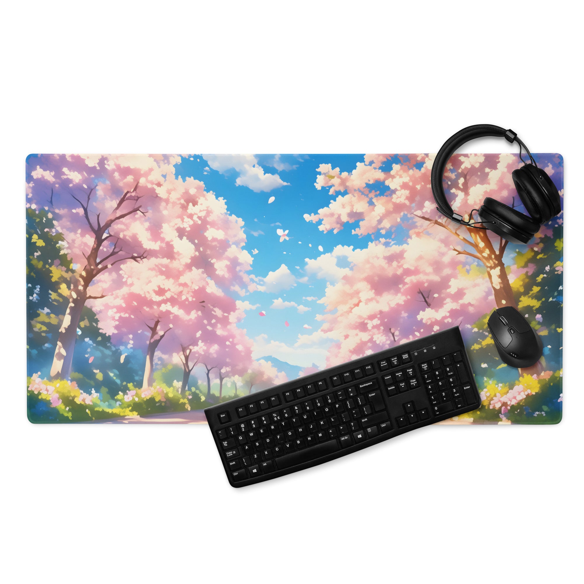 Cherry Blossom Mouse Pad Pink Blue For Gaming Desk Non Slip Large Desk Mat With Premium Edge Stitching Serene Mood