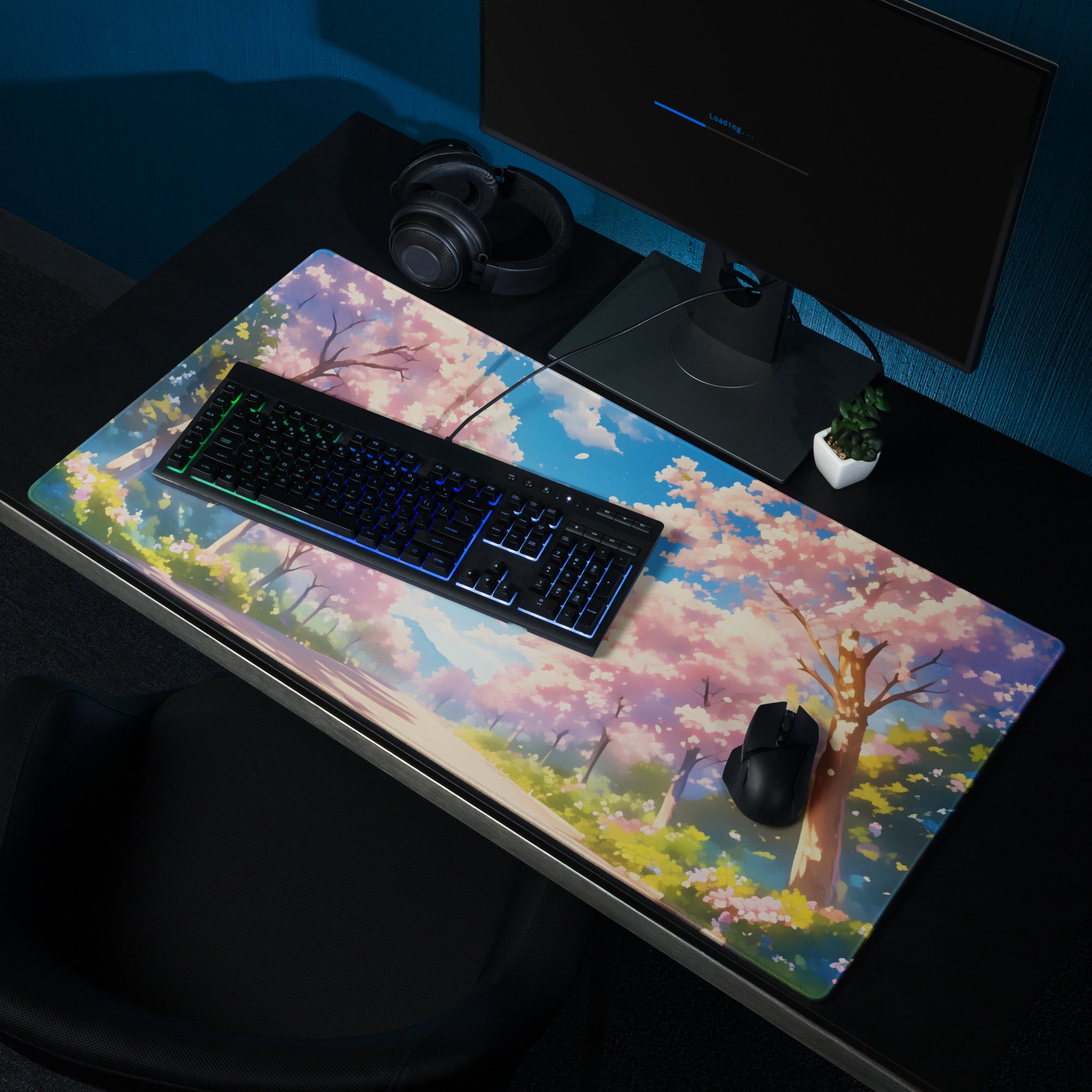 Cherry Blossom Mouse Pad Pink Blue For Gaming Desk Non Slip Large Desk Mat With Premium Edge Stitching Serene Mood