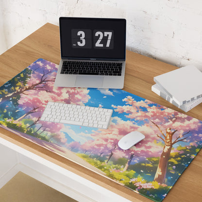 Cherry Blossom Mouse Pad Pink Blue For Gaming Desk Non Slip Large Desk Mat With Premium Edge Stitching Serene Mood