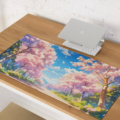 Cherry Blossom Mouse Pad Pink Blue For Gaming Desk Non Slip Large Desk Mat With Premium Edge Stitching Serene Mood
