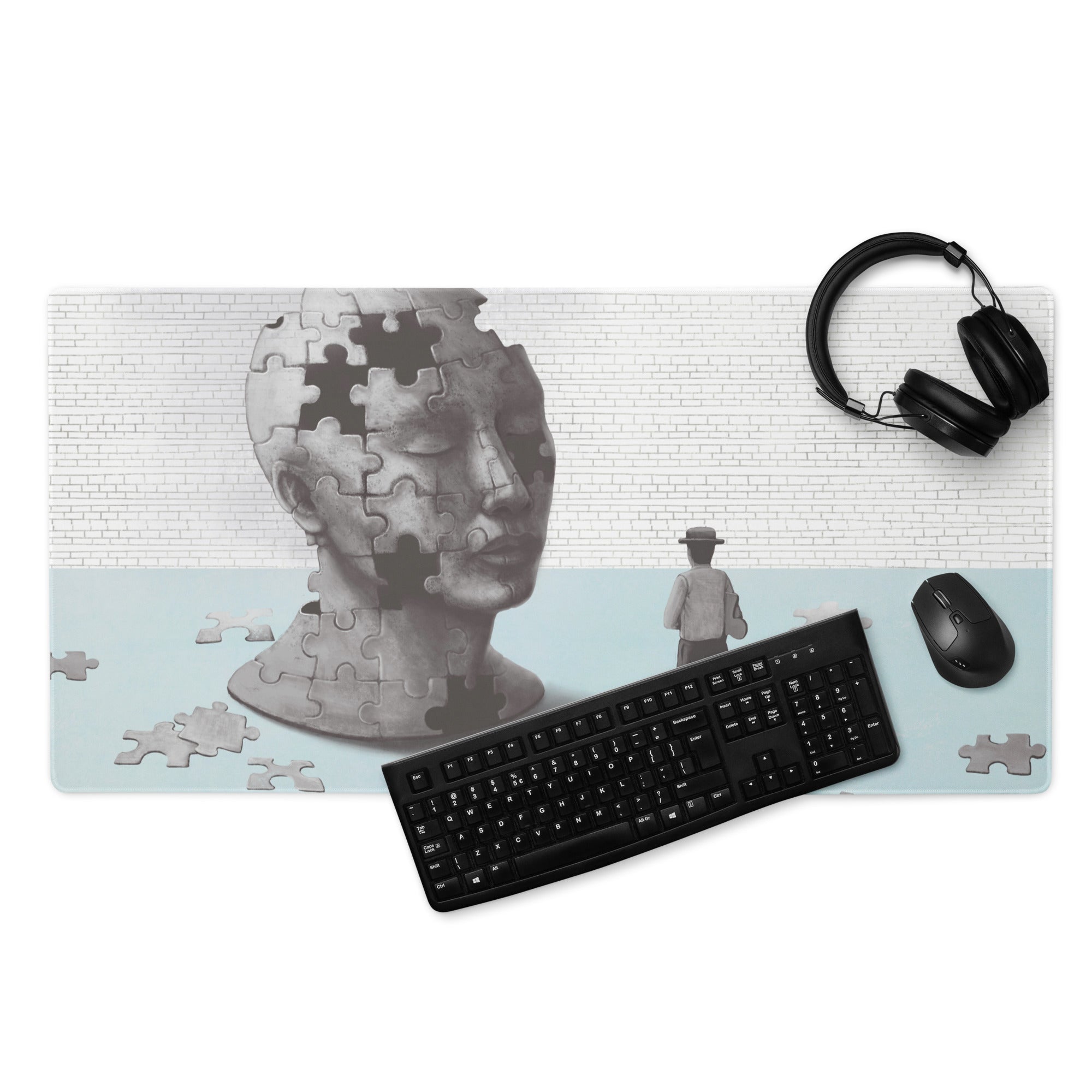 Puzzle Head Artwork Mouse Pad Gray Blue Moody Desk Accessory 36x18 Inch Modern Surreal Style
