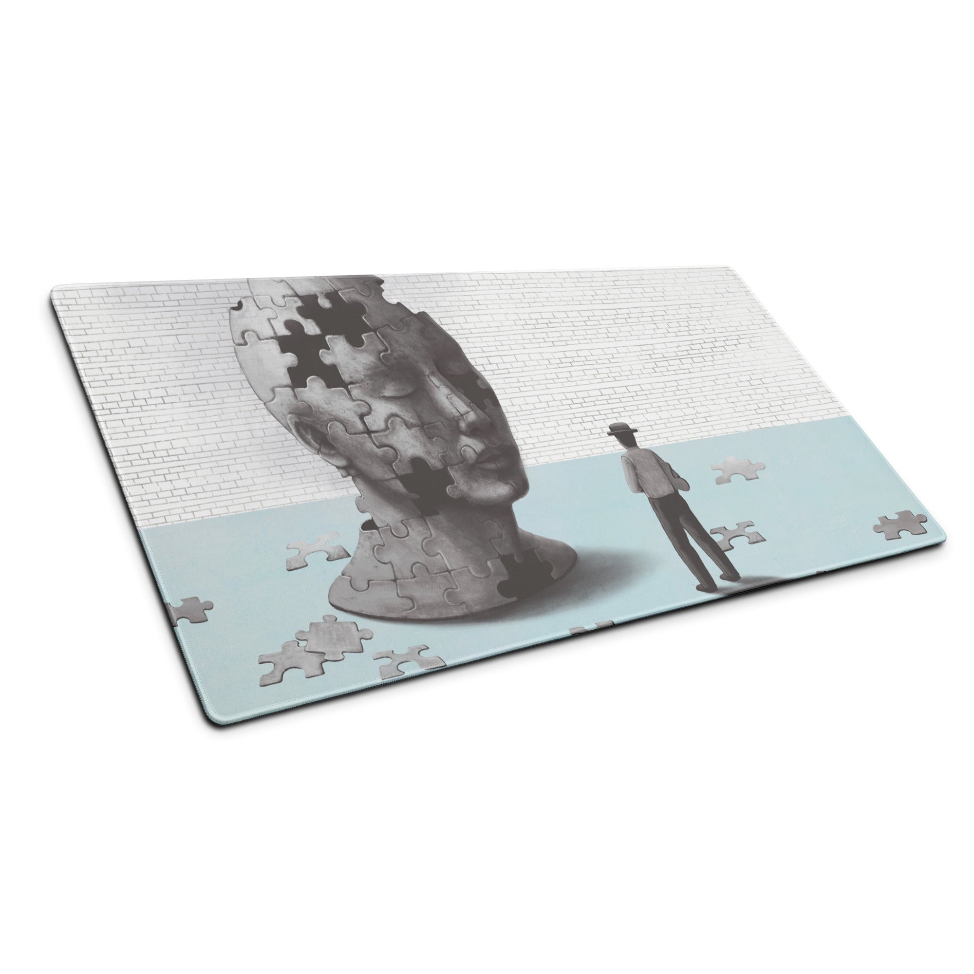 Puzzle Head Artwork Mouse Pad Gray Blue Moody Desk Accessory 36x18 Inch Modern Surreal Style