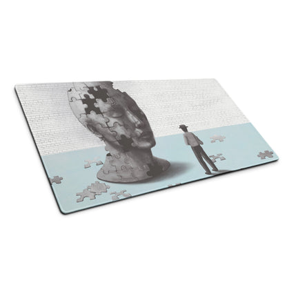 Puzzle Head Artwork Mouse Pad Gray Blue Moody Desk Accessory 36x18 Inch Modern Surreal Style