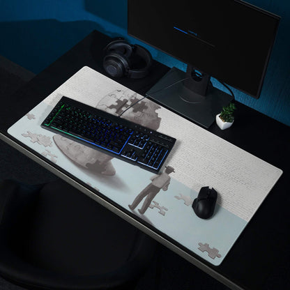 Puzzle Head Artwork Mouse Pad Gray Blue Moody Desk Accessory 36x18 Inch Modern Surreal Style